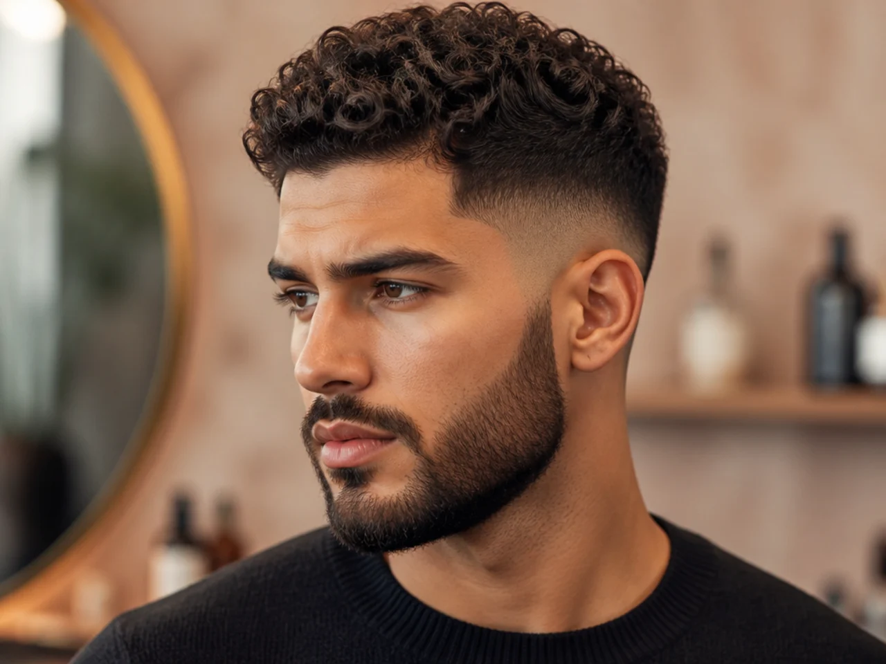 Three-quarter view of a low fade with a beard