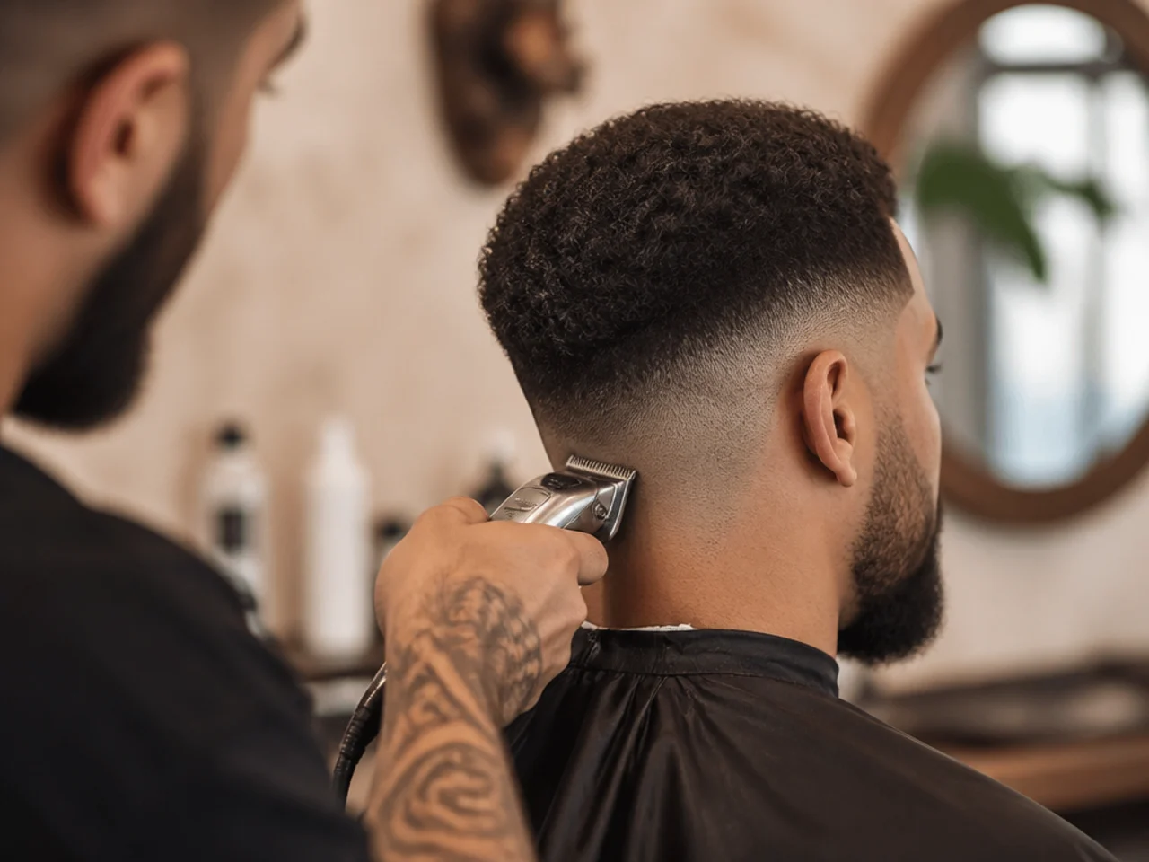 A barber blending a low fade into a beard
