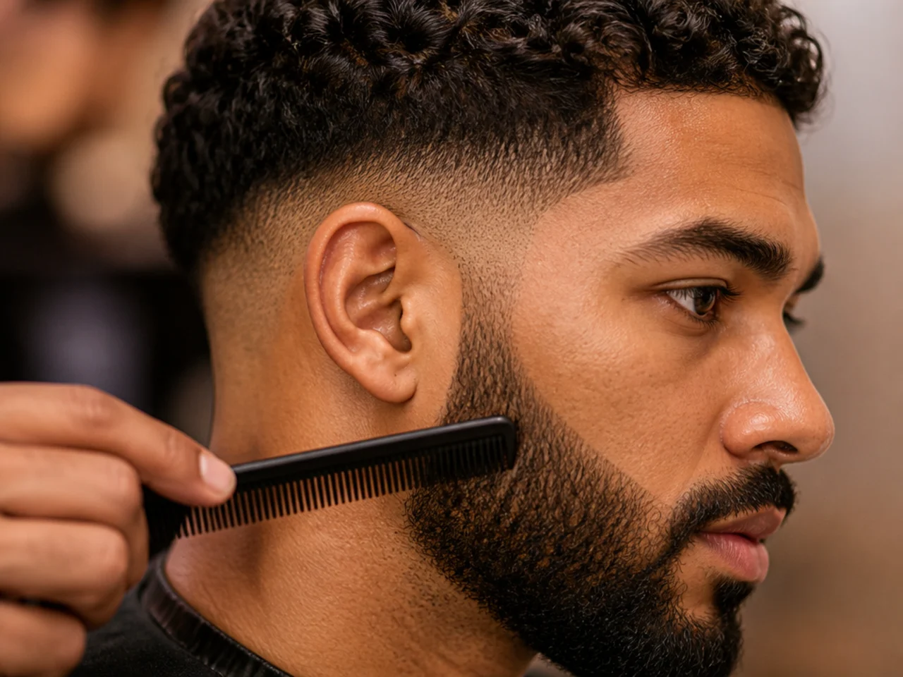 A beard being combed at a low fade join
