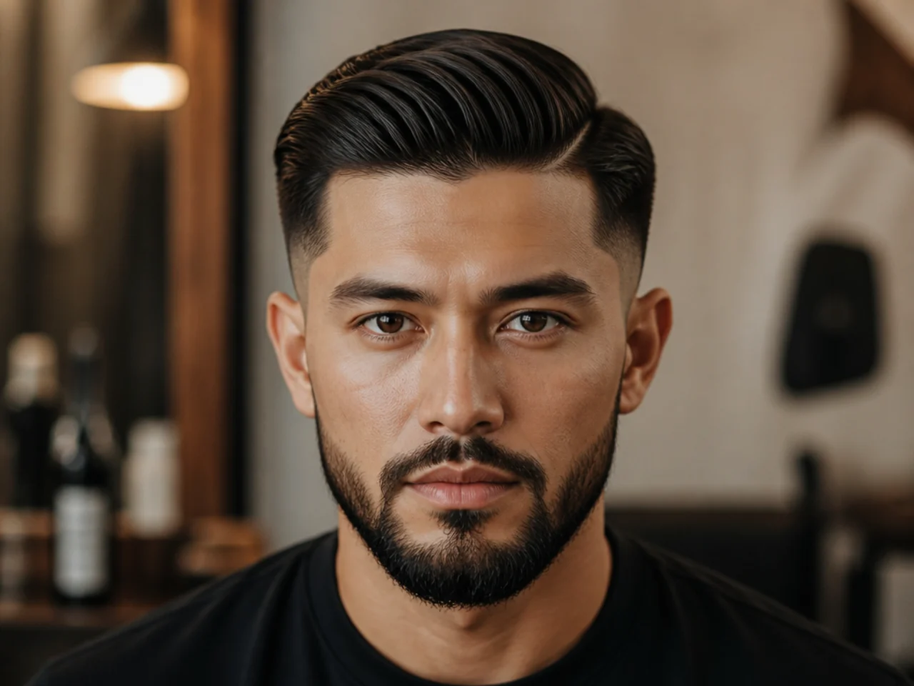 A low fade comb over with a beard