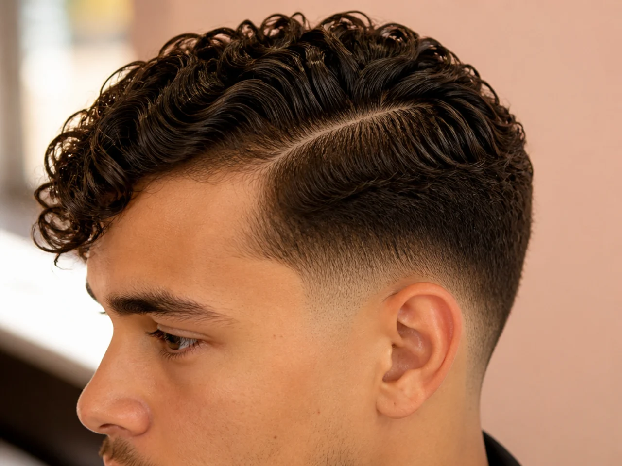 A low fade comb over on curly hair