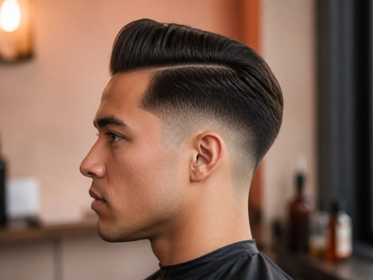 A blow-dried low fade comb over