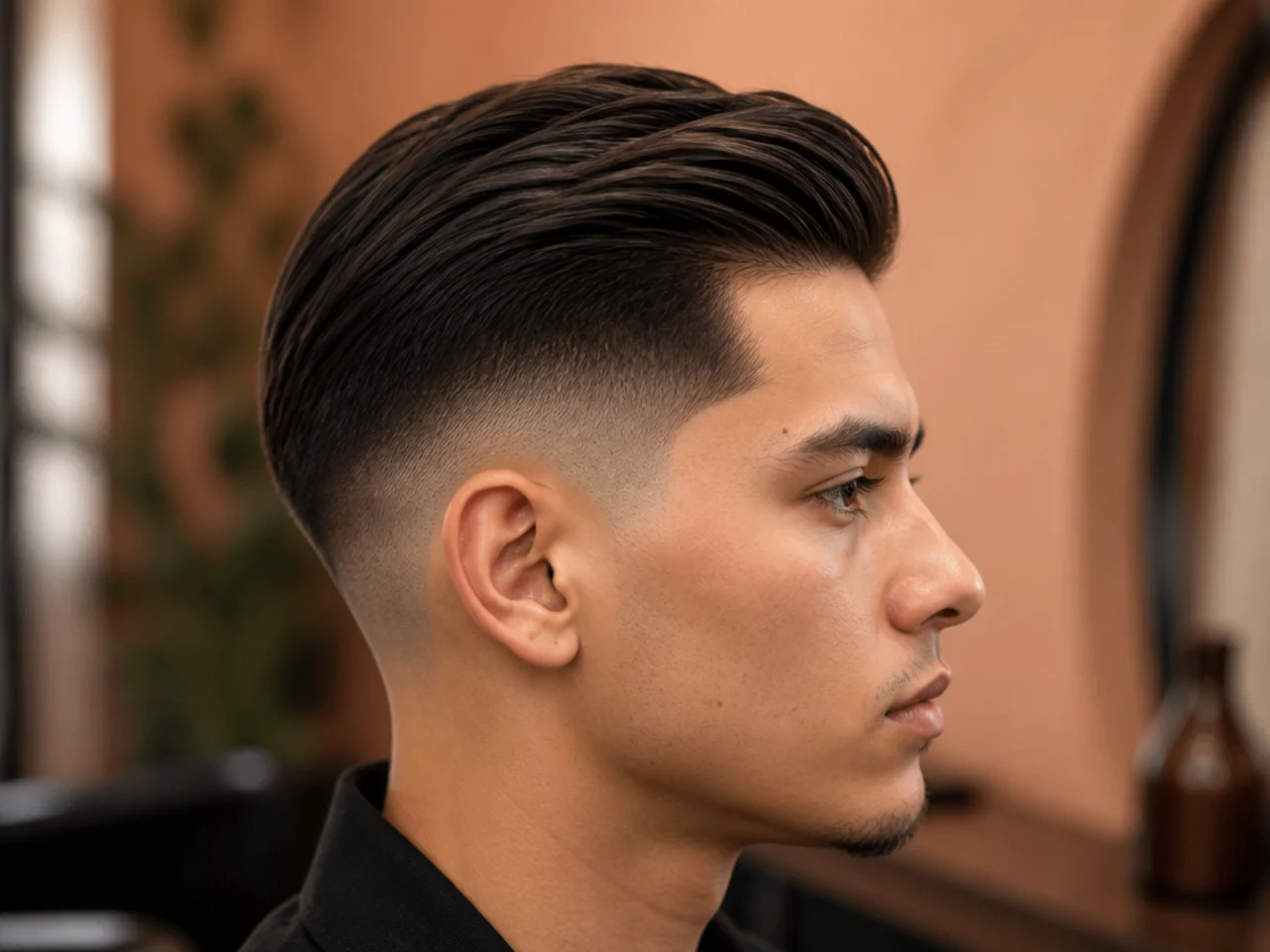 A slick low fade comb over