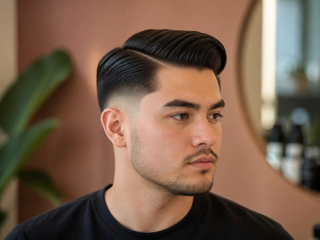 Three-quarter view of a low fade comb over