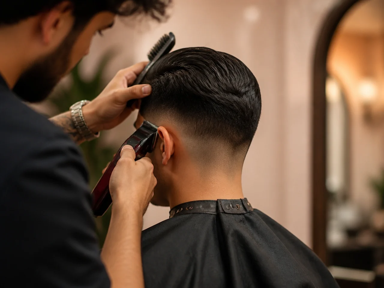 A barber graduating the sides of a low fade comb over