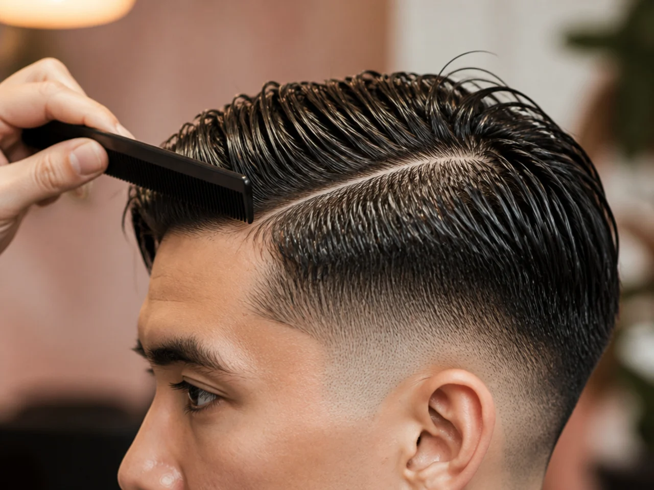 A part being combed in on damp hair above a low fade