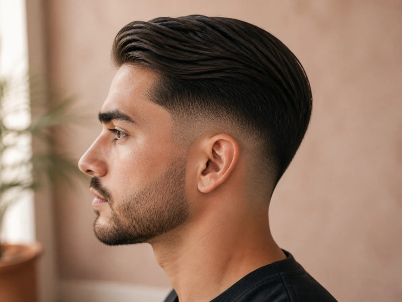 A comb over with weight left above a low fade