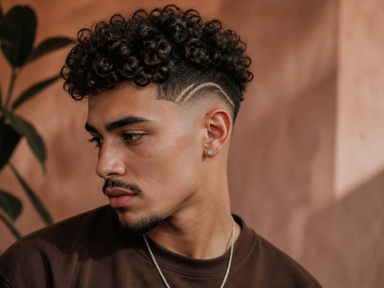 A low fade design under a curly top