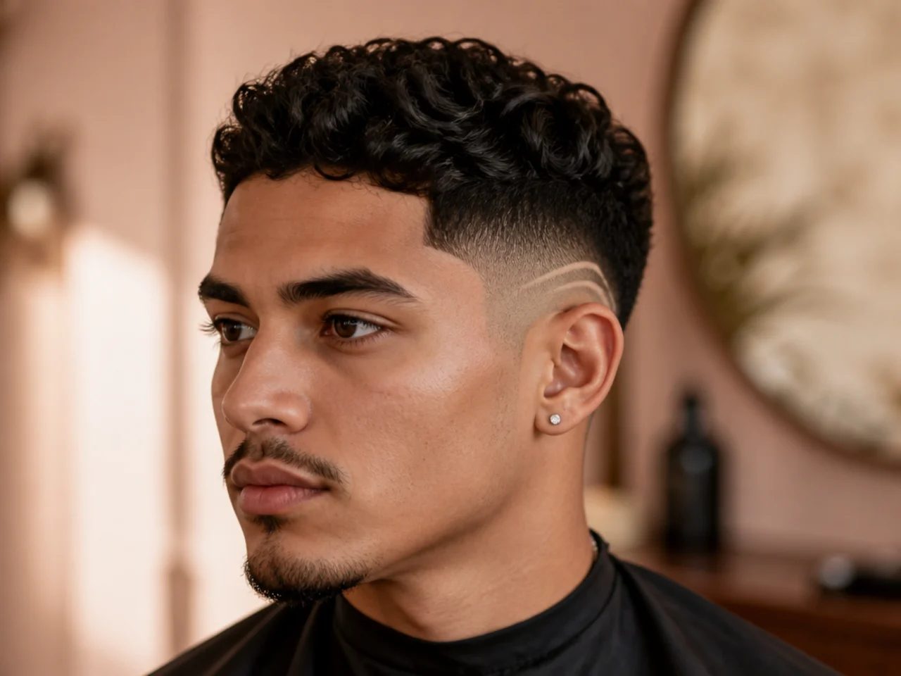 Three-quarter view of a low fade with a small design