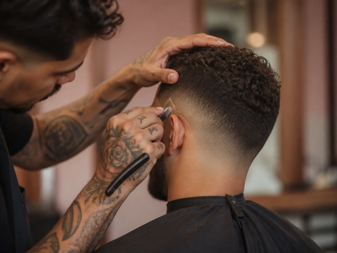 A barber marking out a small design on a low fade