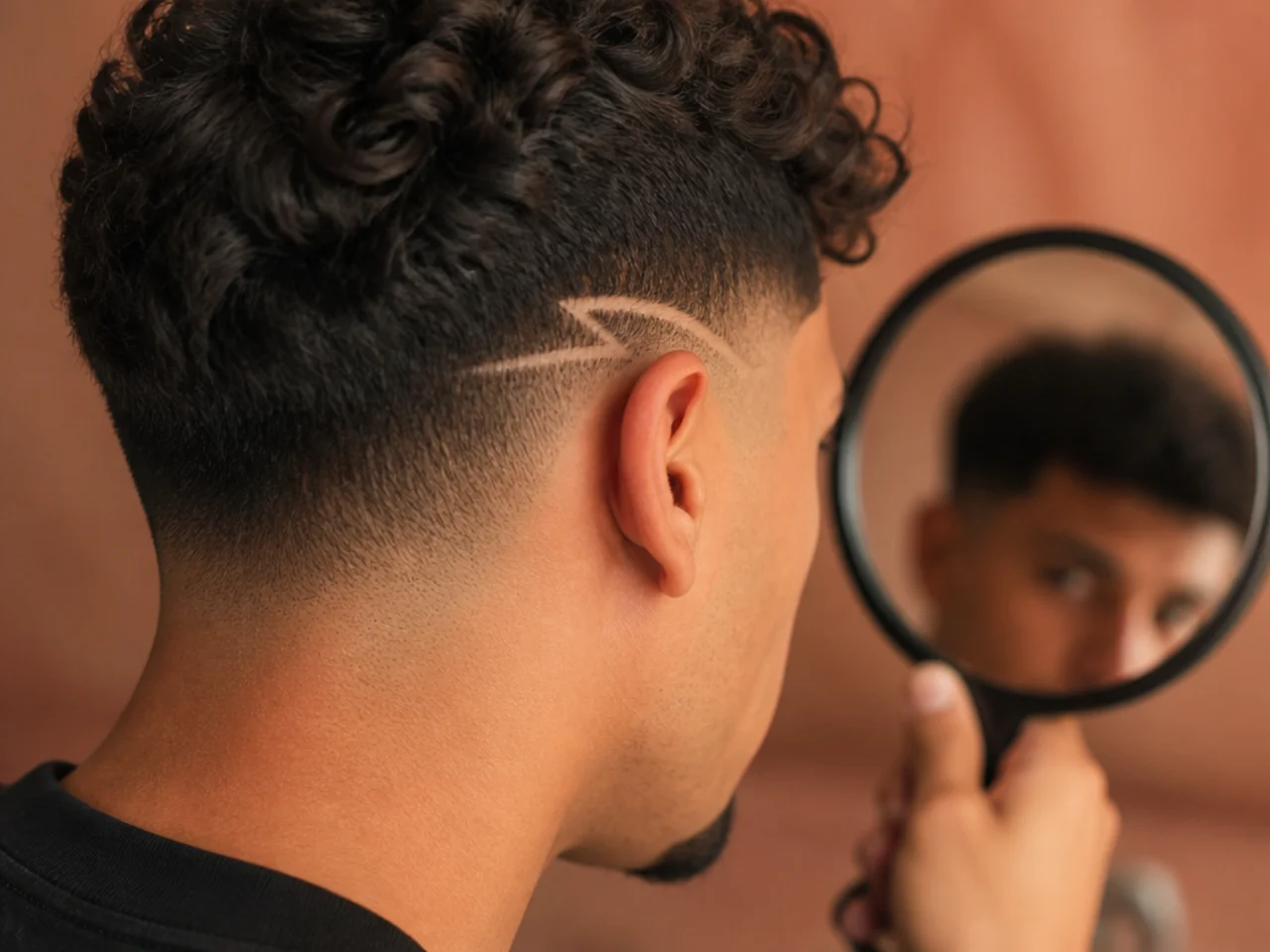 A low fade design checked in a hand mirror