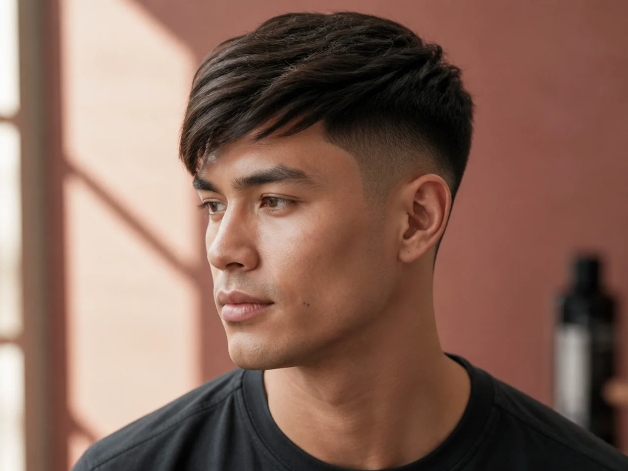 Low fade with a soft side-swept fringe on a man with a heart-shaped face