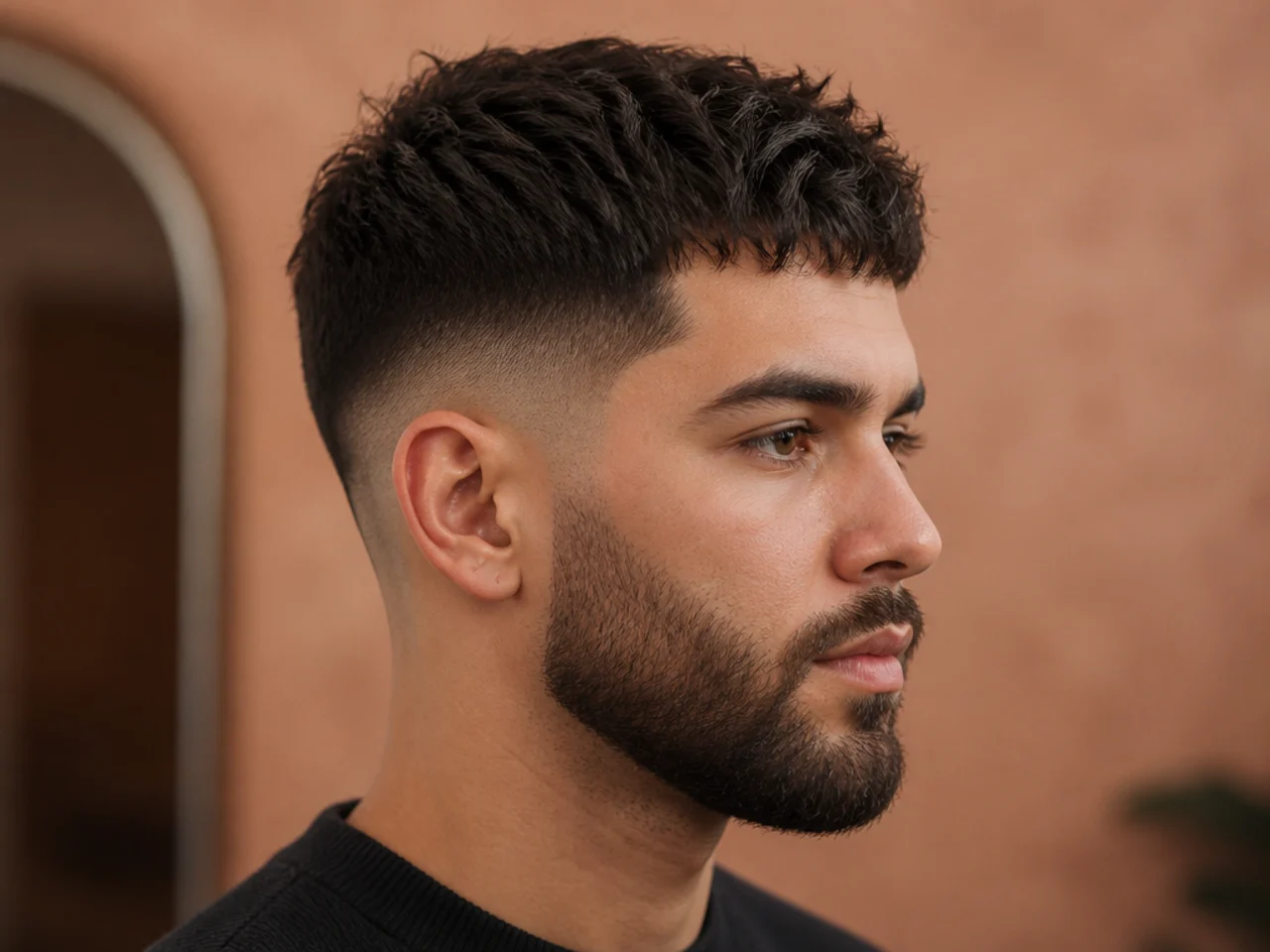 Low fade with a textured crop and a shaped short beard on a heart-shaped face