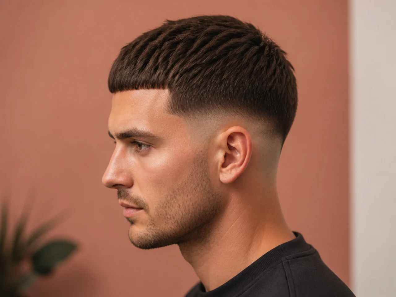 Low fade with a blunt-fringe French crop on a man with an oblong face