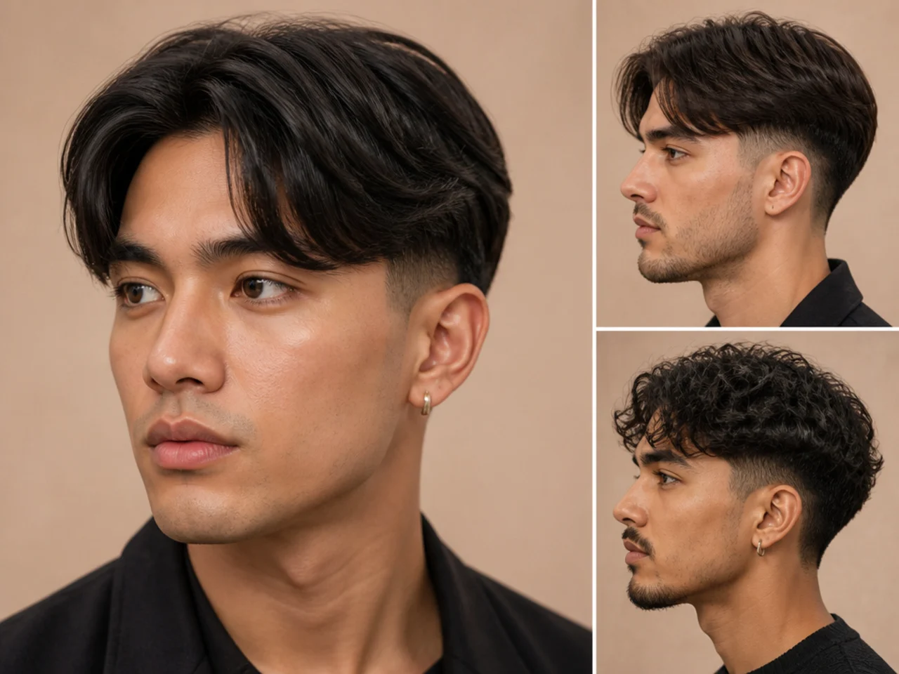 Low fade with center-parted curtain bangs falling to the eyebrows on an oblong face