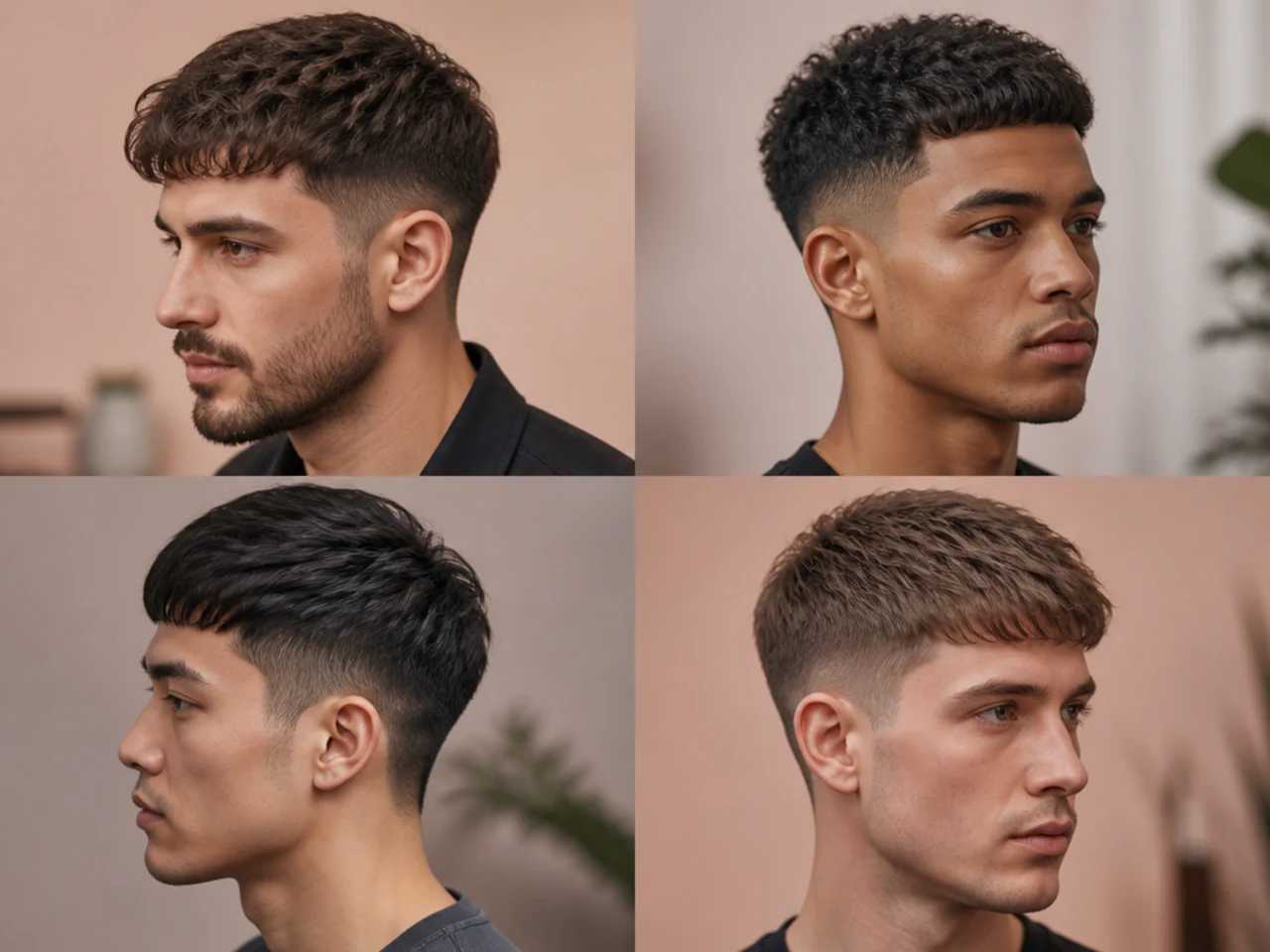 Low fade with a brushed-forward volume top and soft fringe on a diamond face