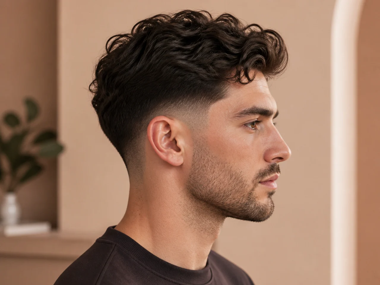 Low burst fade with loose wavy layers on top on a man with a diamond face