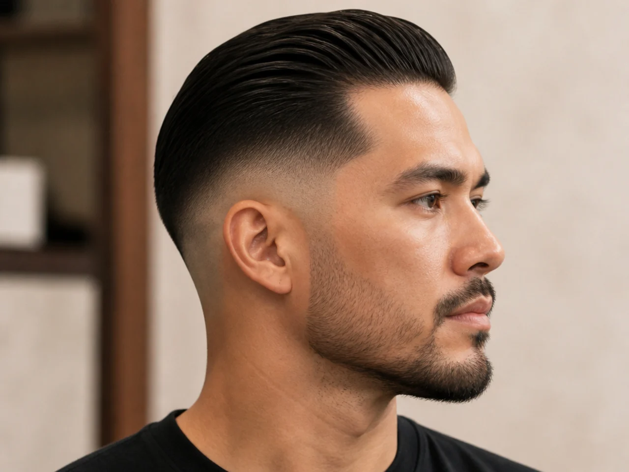 Low skin fade with a shiny slick-back top on medium-length straight hair for oval face
