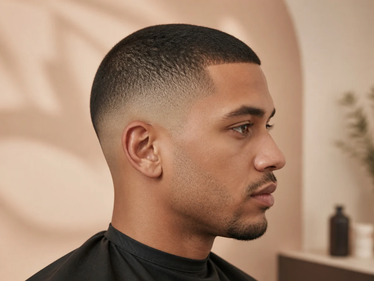 Low fade with a short buzz cut top on a man with an oval face shape