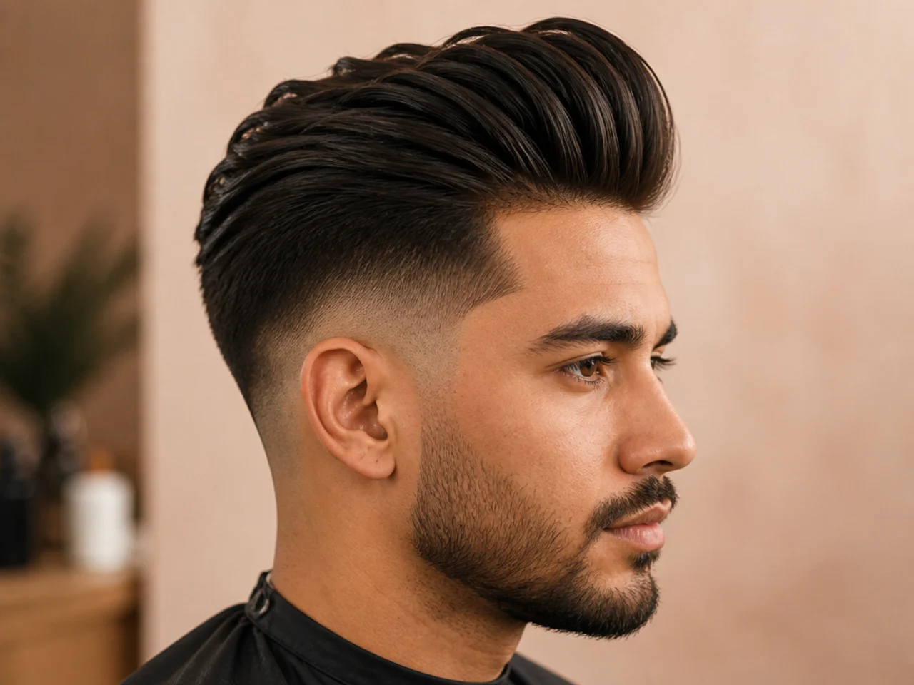 Low fade with a tall pompadour swept up and back on a man with a round face
