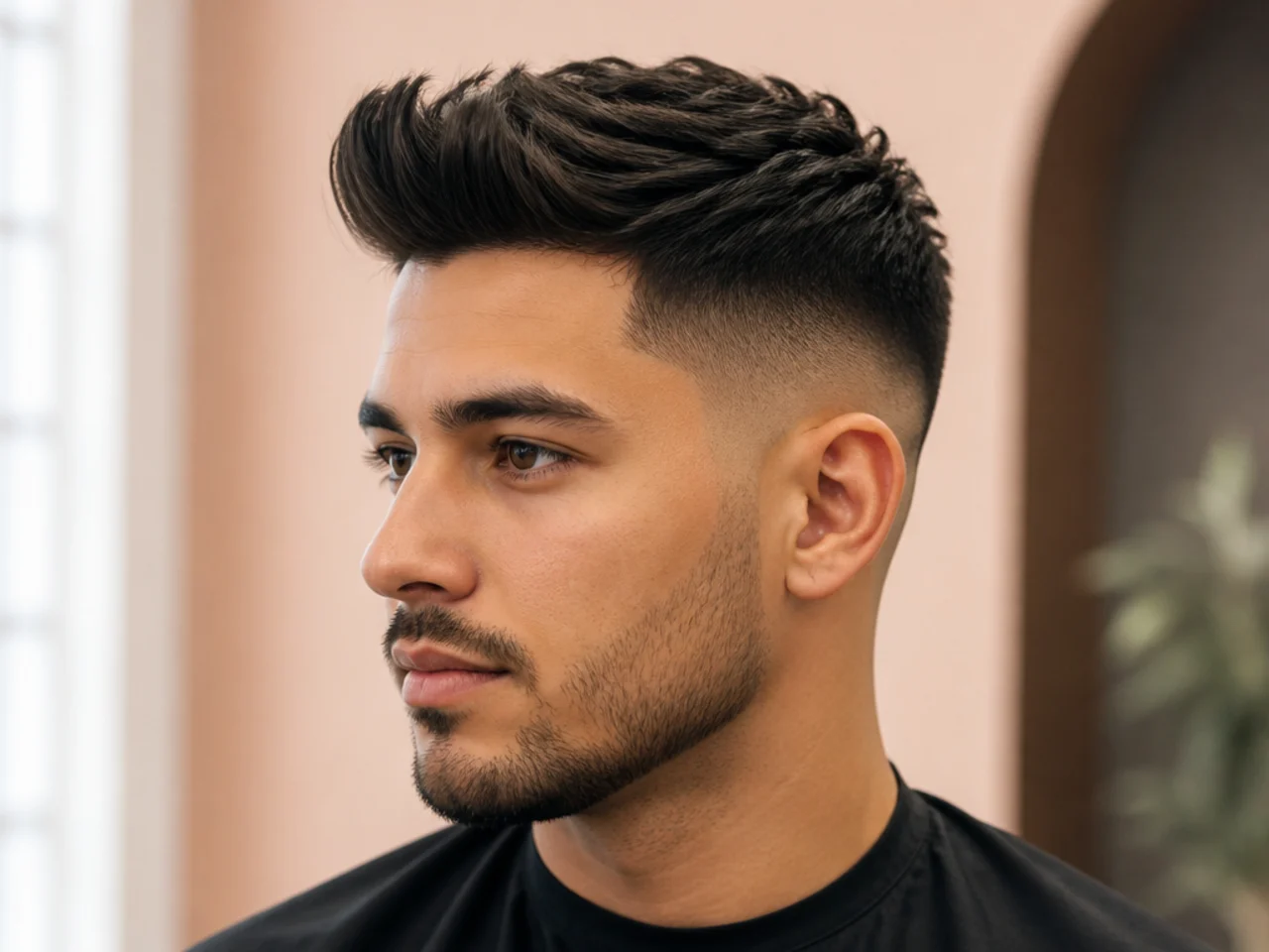 Low skin fade with textured quiff swept up and back on a round face