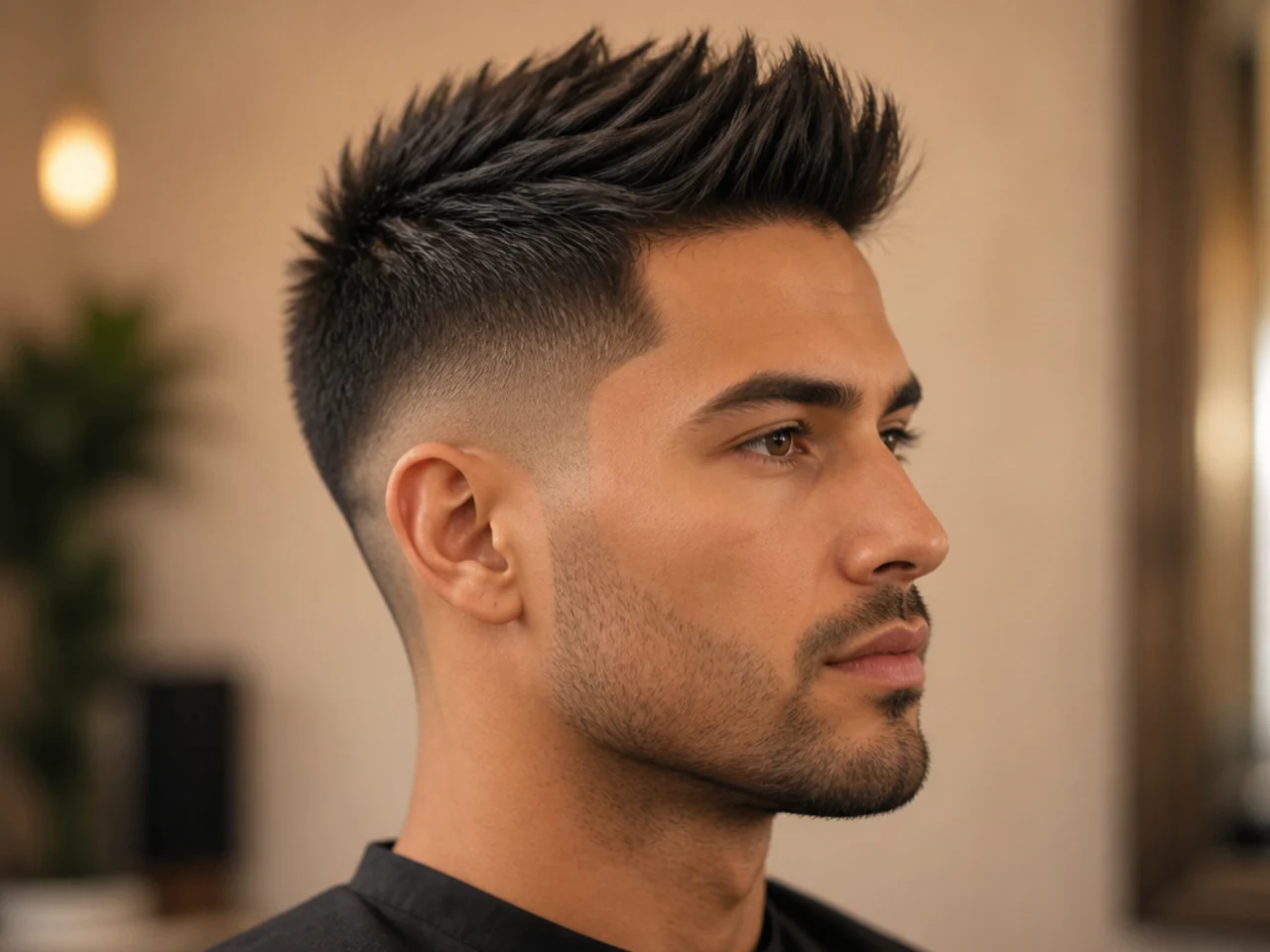 Low fade with a spiky faux hawk down the center on a round face