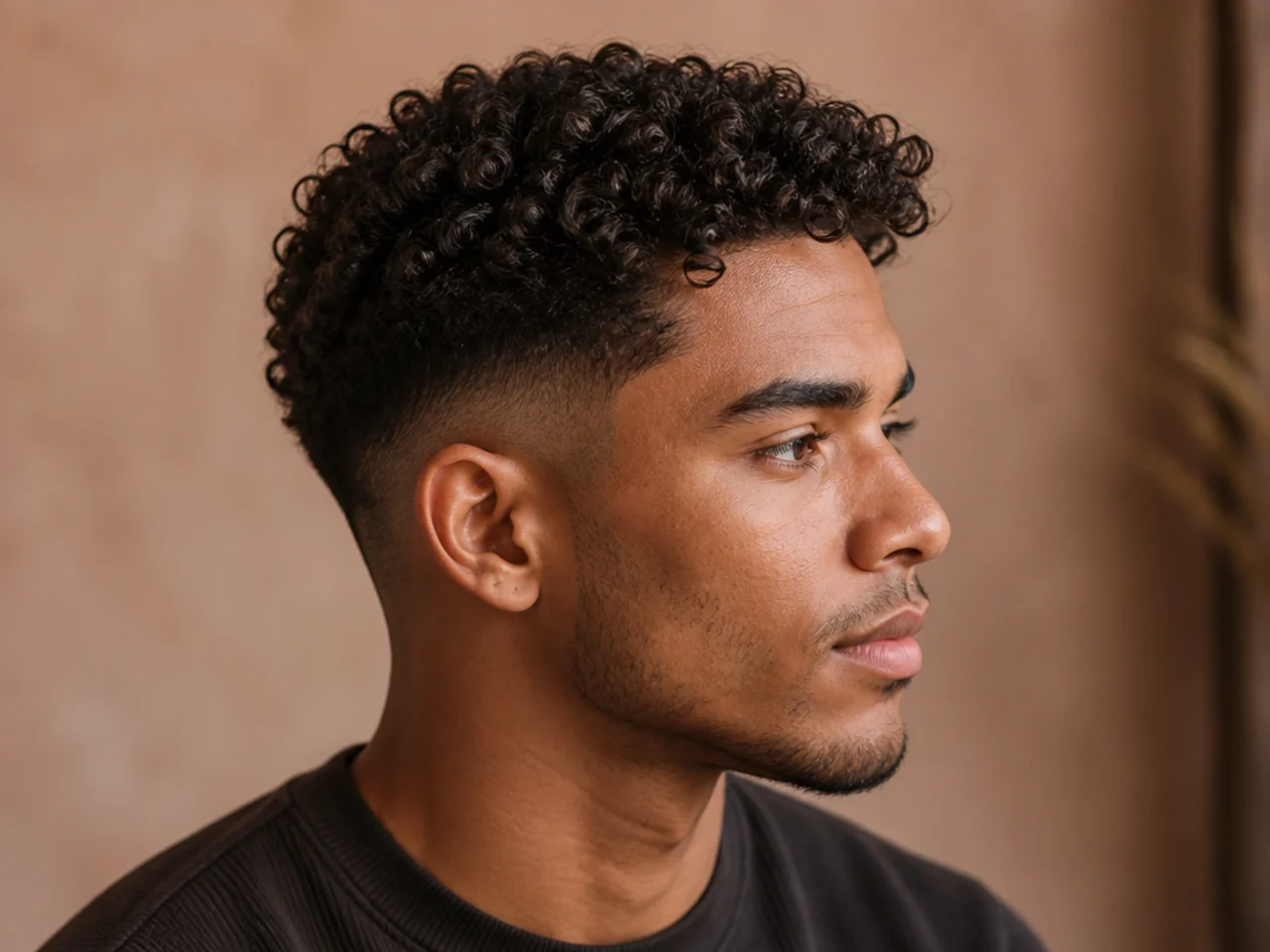 Low fade with a defined curly top on a man with a square face