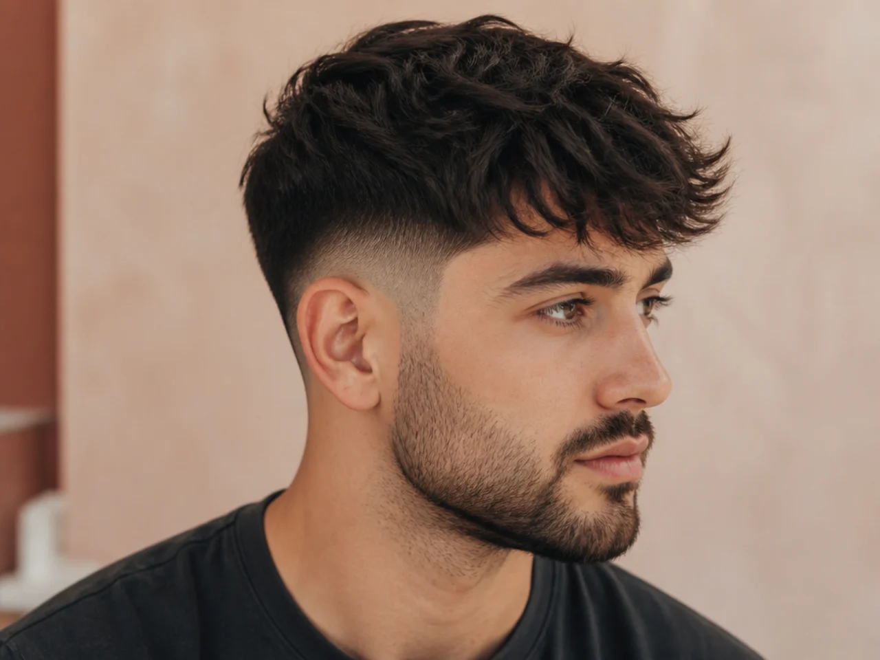 Low fade with a messy textured fringe falling forward on a square face