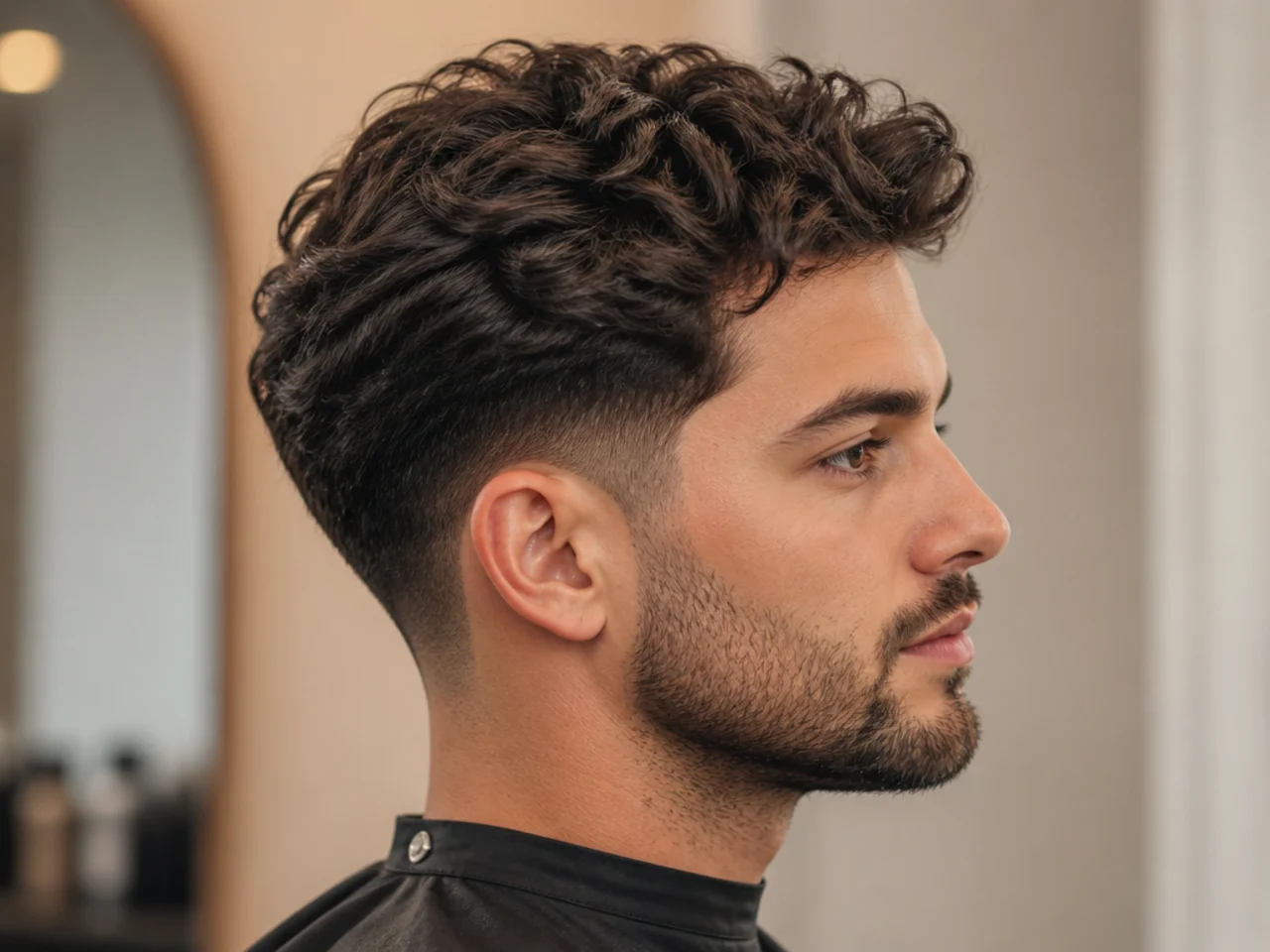 Low drop fade with medium-length wavy layers combed loosely back on a square face