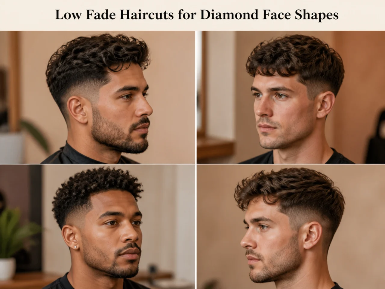 Two low fade haircut variations styled for diamond face shapes on men