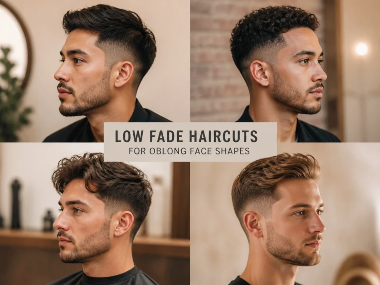 Two low fade haircut variations styled for oblong face shapes on men
