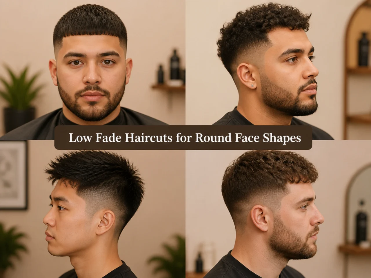 Three low fade haircut variations styled for round face shapes on men