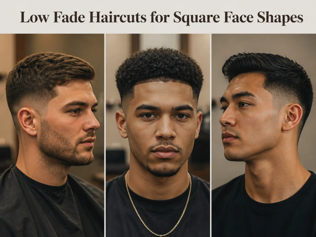 Three low fade haircut variations styled for square face shapes on men