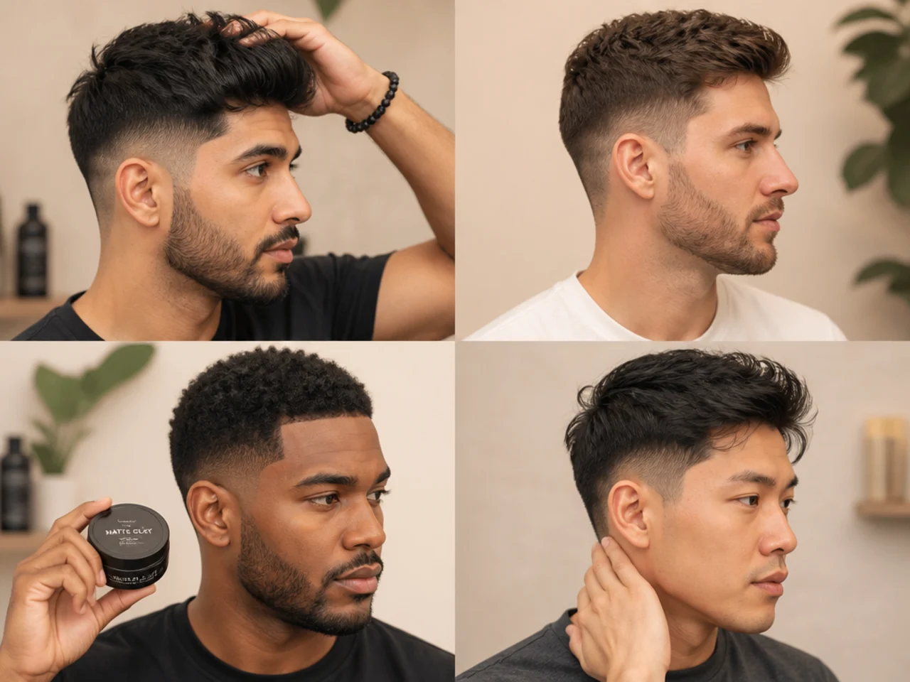 Styling products laid out for a low fade haircut — matte clay, sea-salt spray, pomade