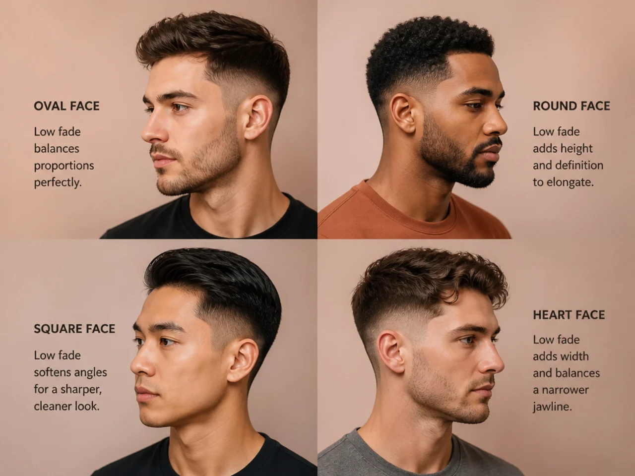 Comparison illustration of six male face shapes for choosing a haircut