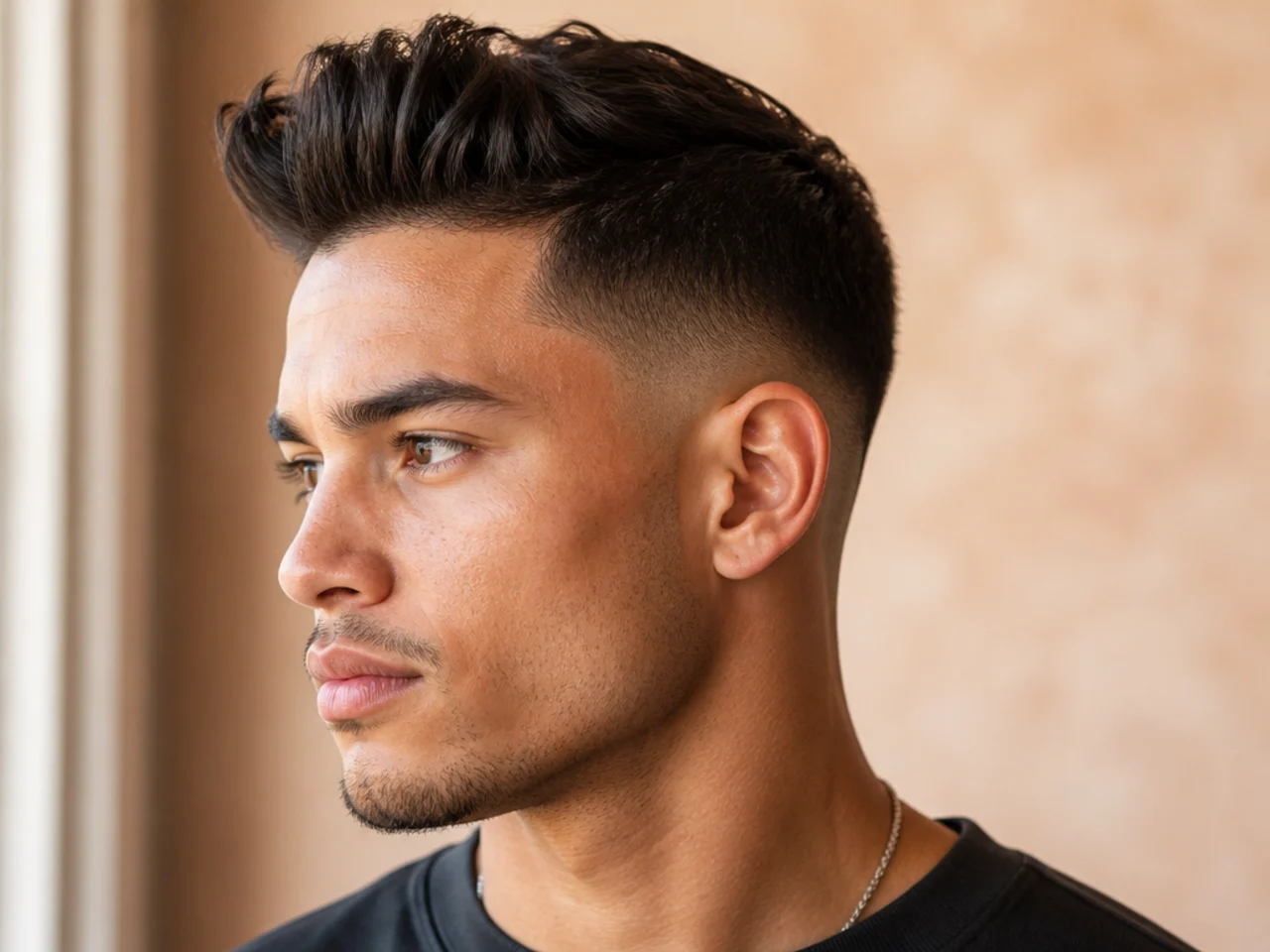Low fade quiff haircut with front lift and clean fade on wavy hair