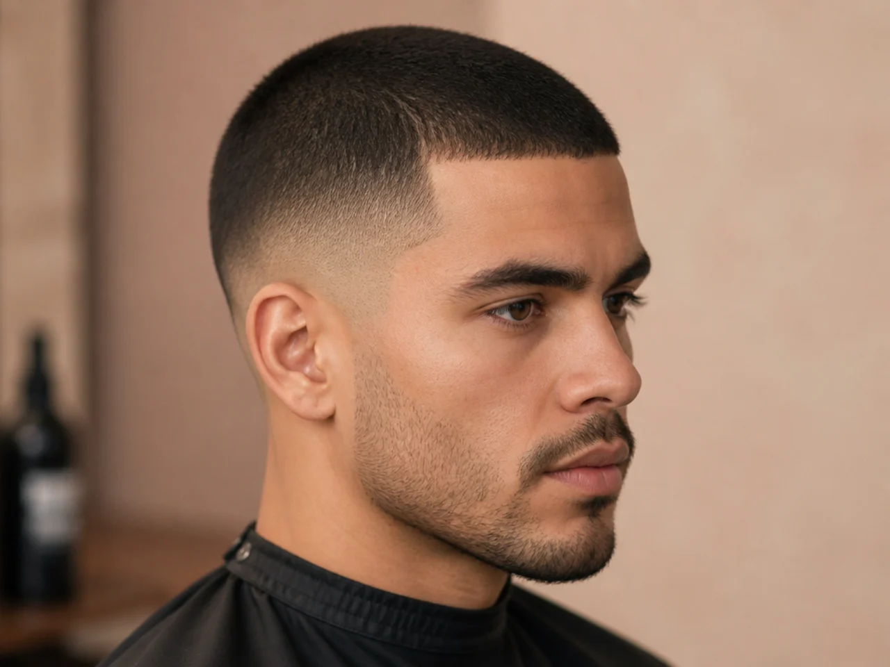 Low fade buzz cut with quarter-inch top and clean fade to skin at the ear