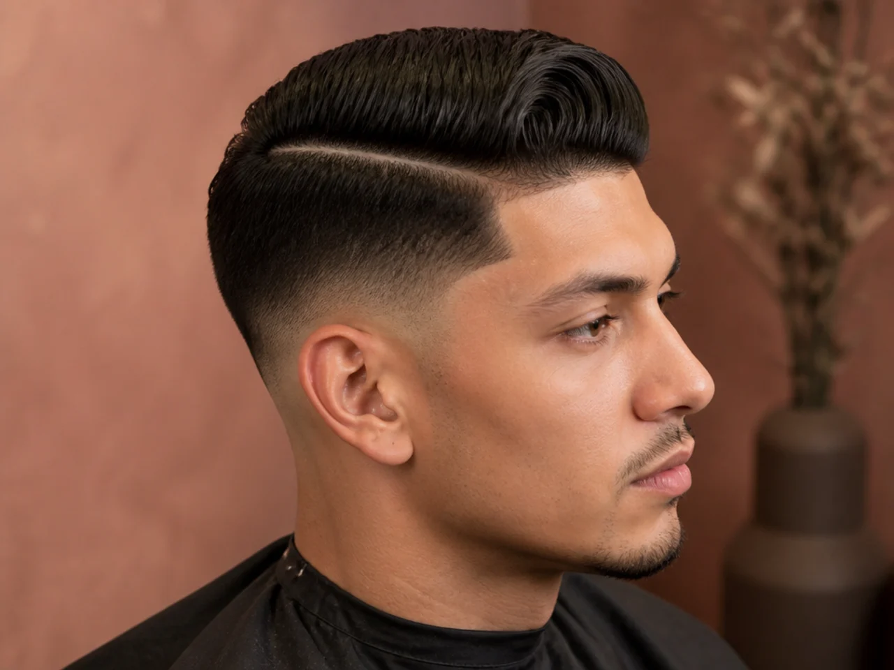 Low fade with sharp shaved hard part line and combed top