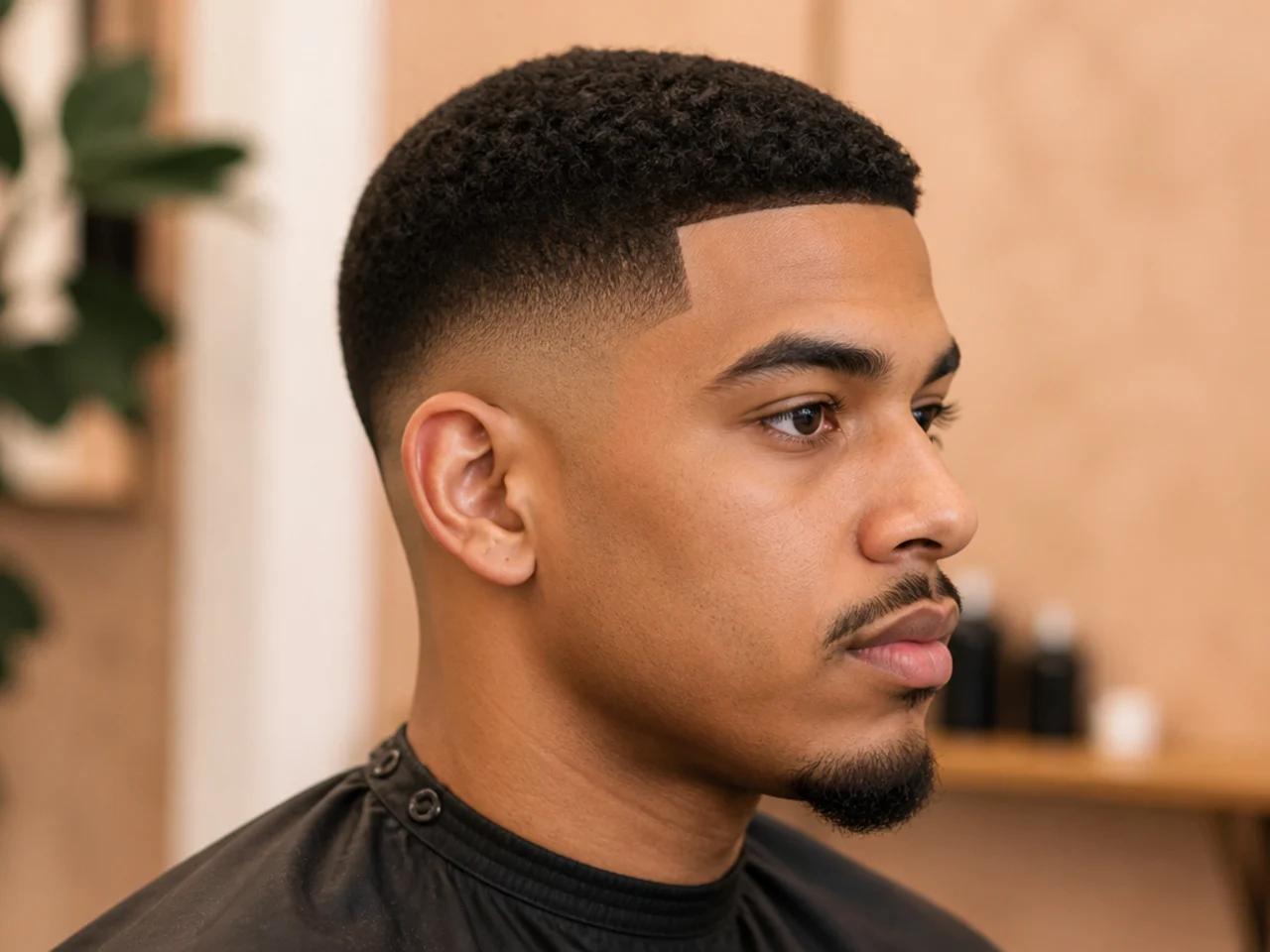 Low taper fade with crisp shaved line up along the forehead