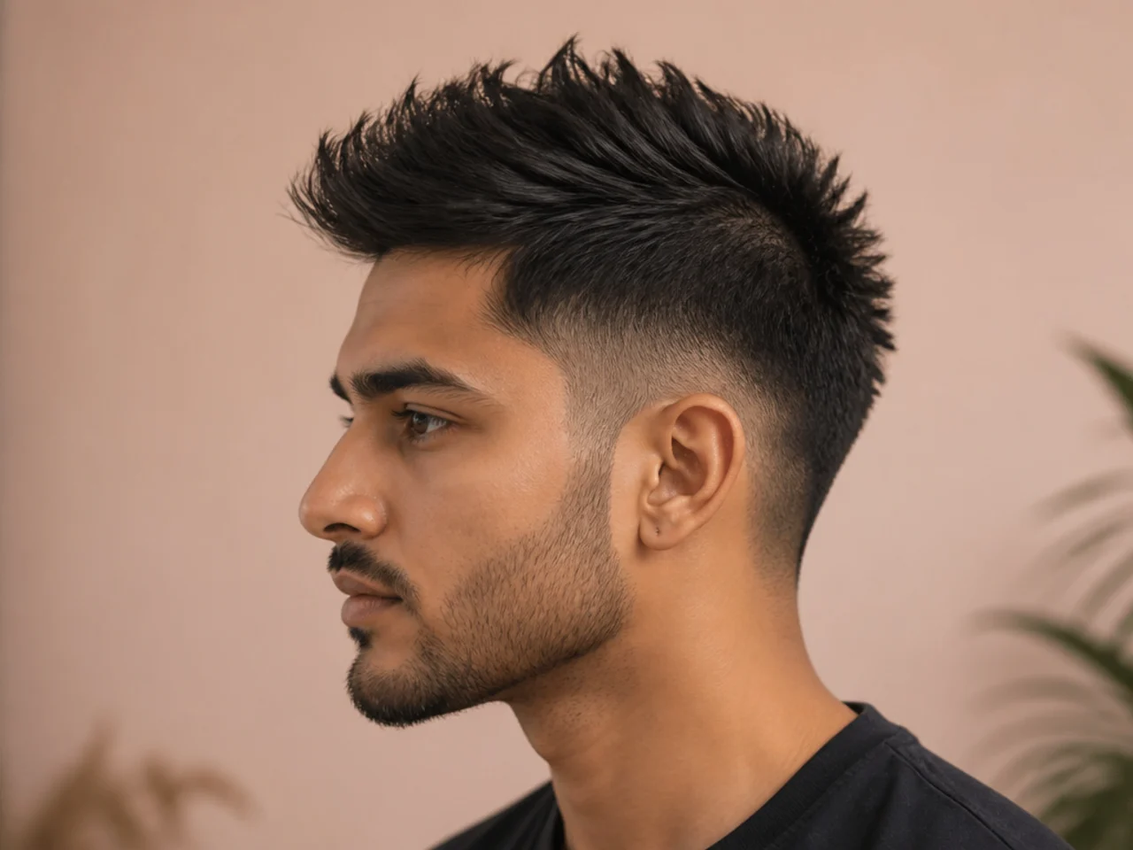 Low fade faux hawk with tapered top and clean fade at the sides