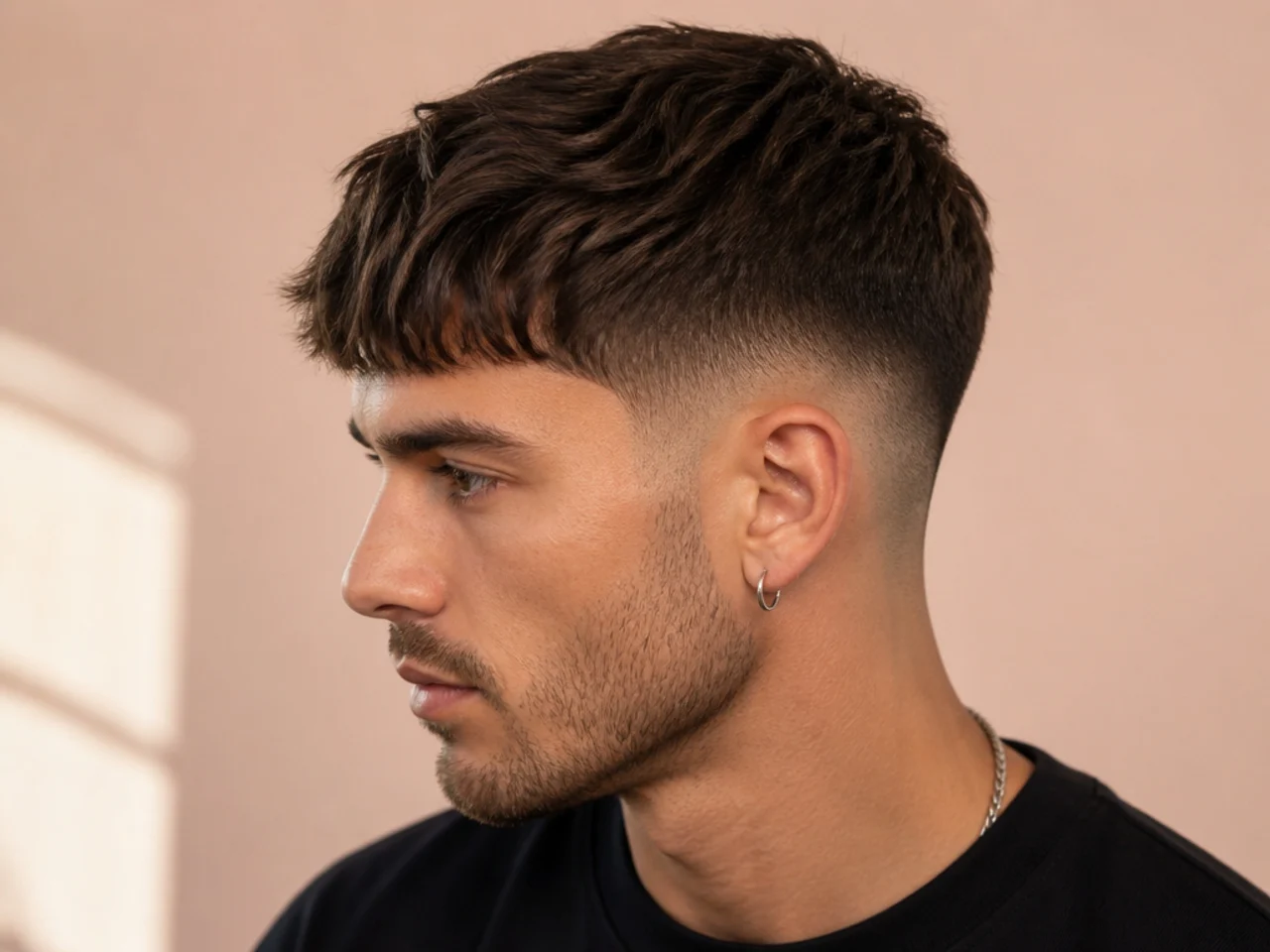 Low fade with textured piecey fringe brushed forward on wavy hair