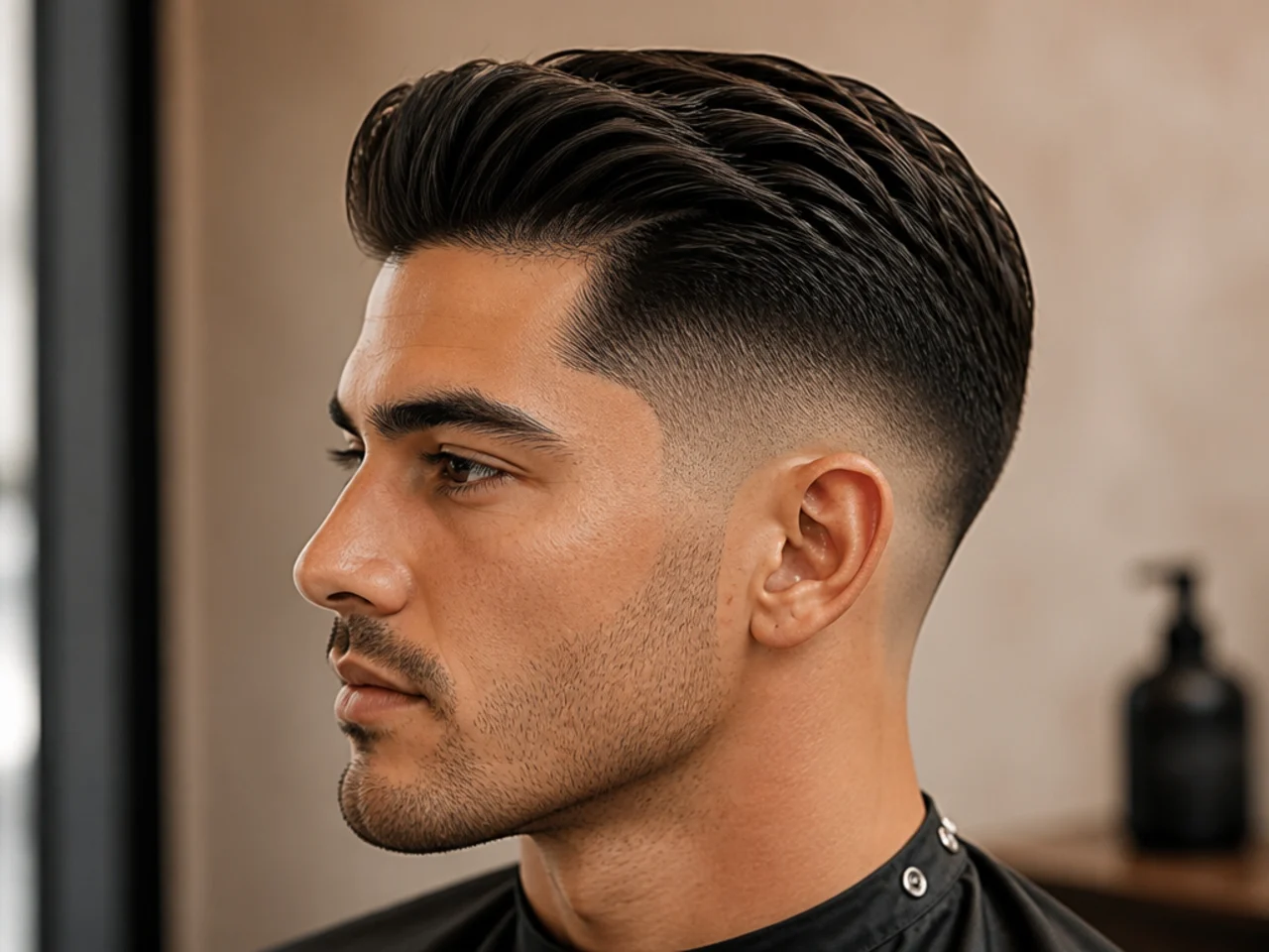 Low drop fade with executive combed top on a professional man