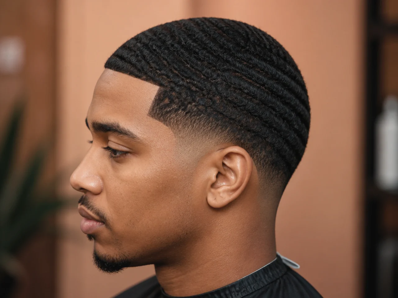 Low fade with 360 waves pattern on top and clean fade at the sides