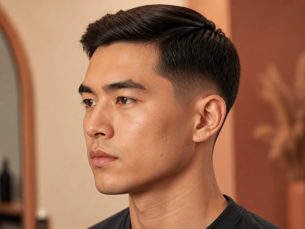 Low fade Ivy League haircut with side part on a professional man