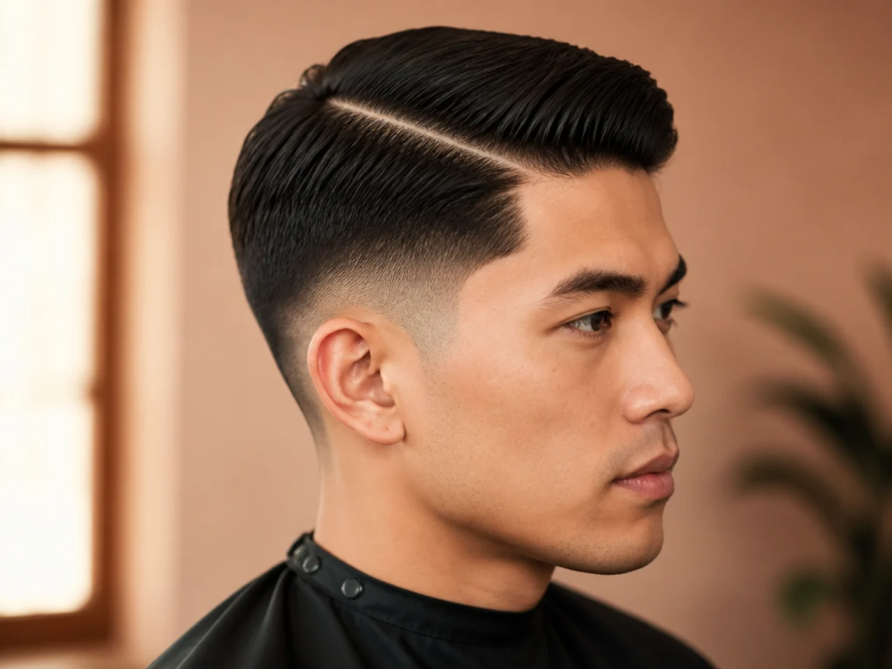 Low fade side part haircut with sharp part line on straight hair