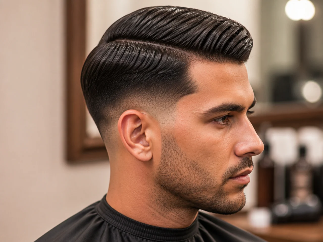Low fade comb over haircut with soft sweep on medium-length hair