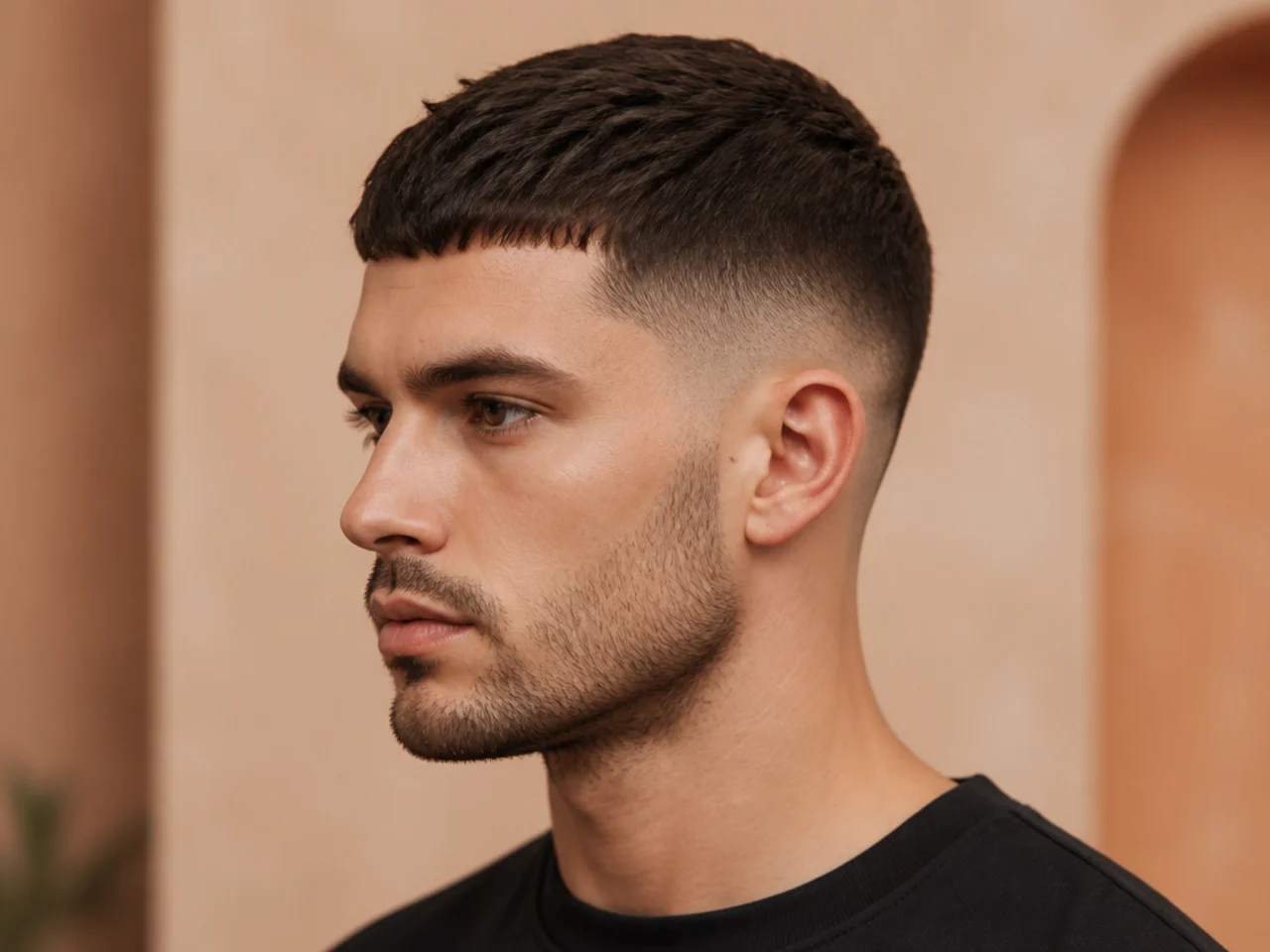 Low fade French crop haircut with blunt short fringe on straight dark hair