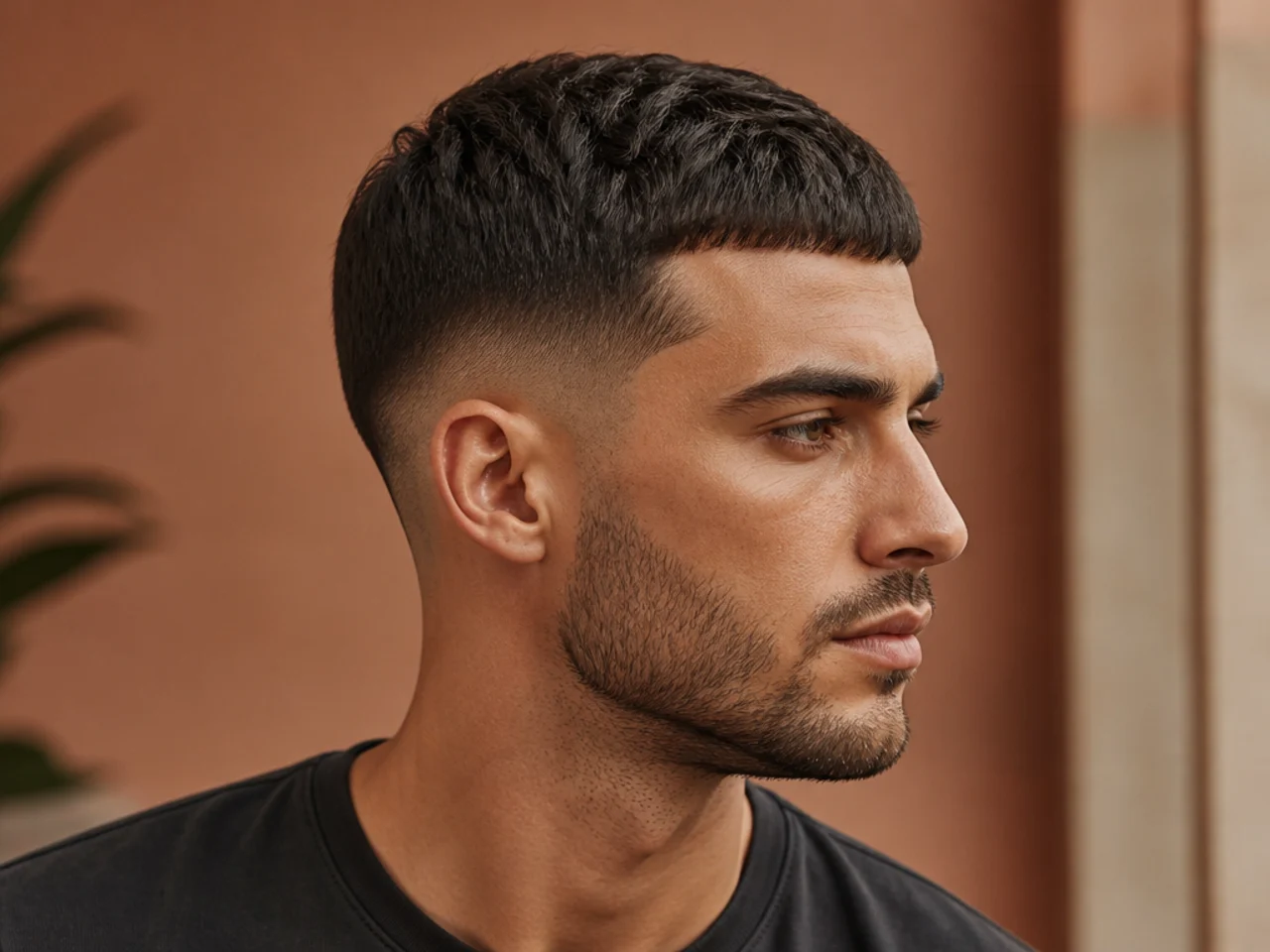 Low fade Caesar cut with short blunt fringe on straight dark hair