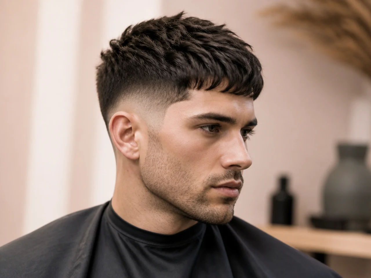 Low fade textured crop haircut with point-cut piecey top on wavy hair
