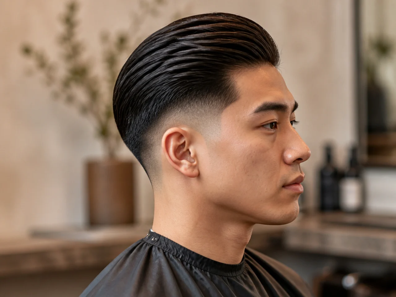 Low fade slick back haircut with shine finish on medium-length straight hair